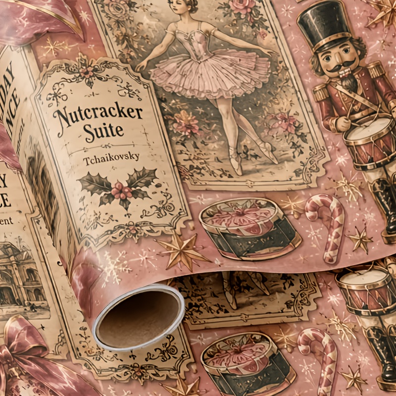 TEMU 17 X 118 Inch Pink Nutcracker Christmas Wrapping Paper Roll, Vintage Ballerina Bow Ornament Print Gift Wrap Paper, Feminine Retro Xmas Packaging