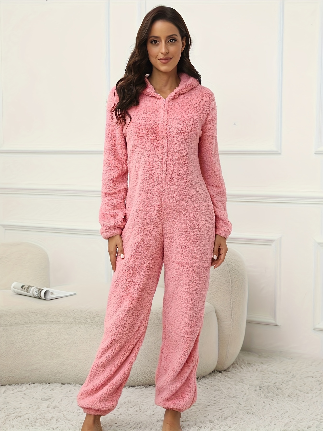 Solid Fuzzy Hooded Lounge Jumpsuit Long Sleeve Zipper - Temu Canada