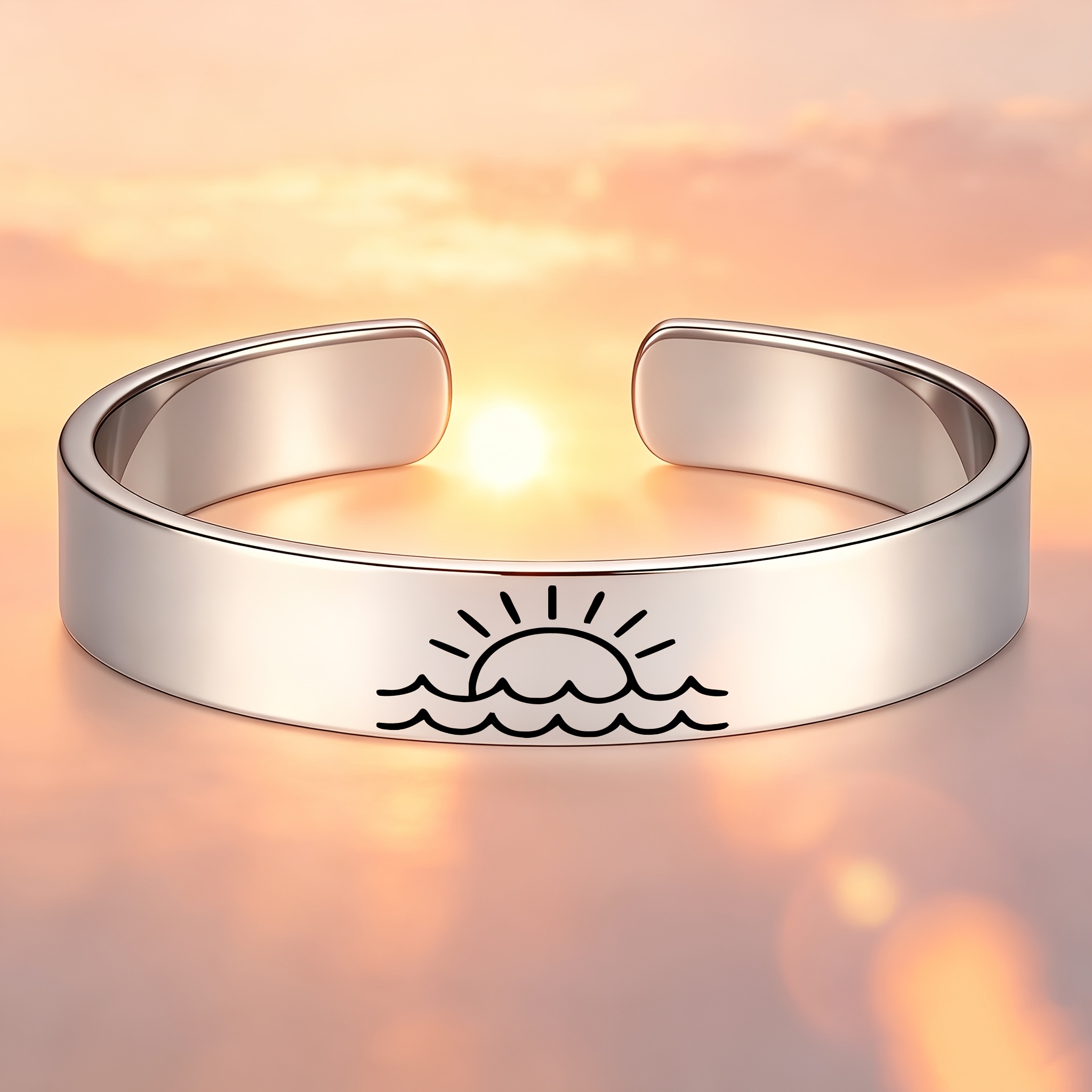 Sunrise Sea Wave Design 304 Stainless Steel Open Bracelet