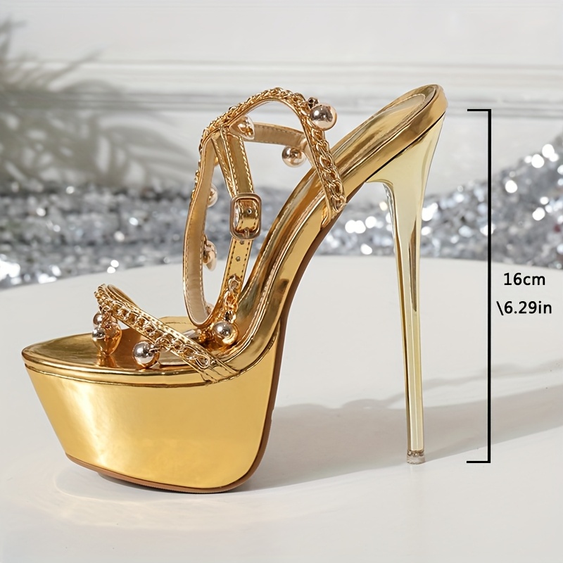 TEMU Heavy 2026 New Handmade Chain Love Heart Shoes European And Platform 16cm High Heels Sandals 35-42 Golden, Women Shoes