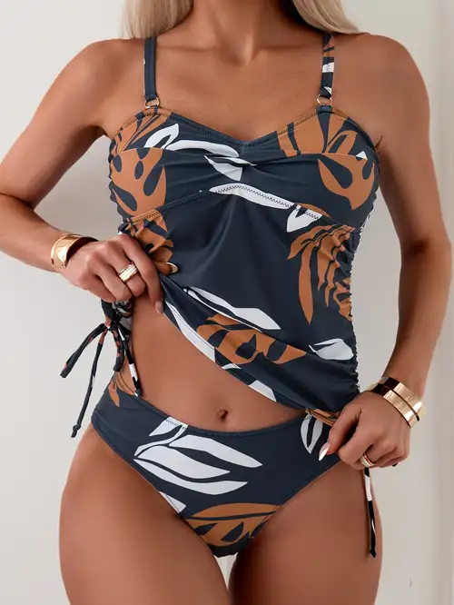 Ruched Floral Print Drawstring Swimsuit Adjustable Straps - Temu