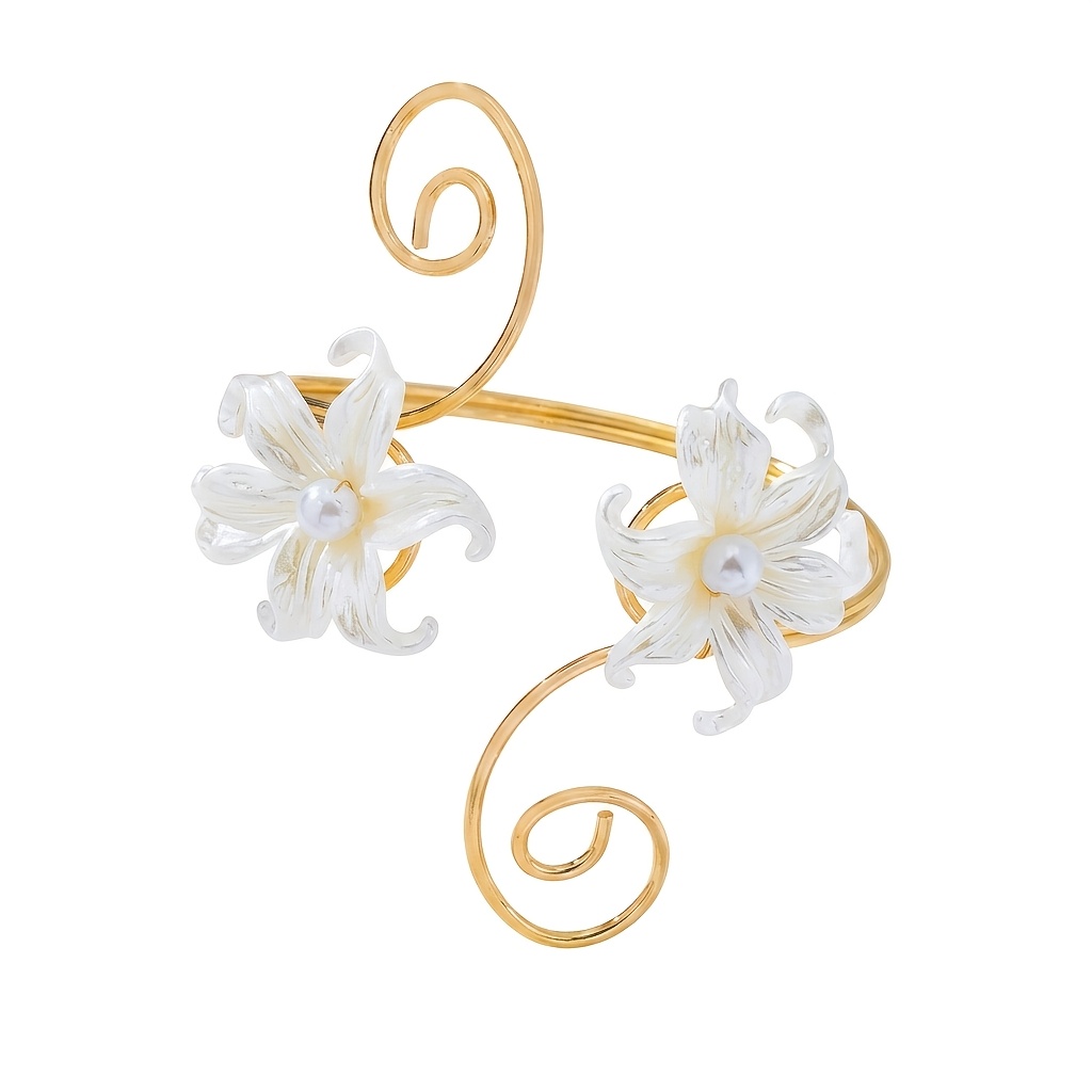 TEMU 1pc Women's Fashion Armband, Spring Summer Bohemian Style Geometric Hollow Metal Iron Wire Arm Ring, With White Acrylic Flower, Hand Wrapped,