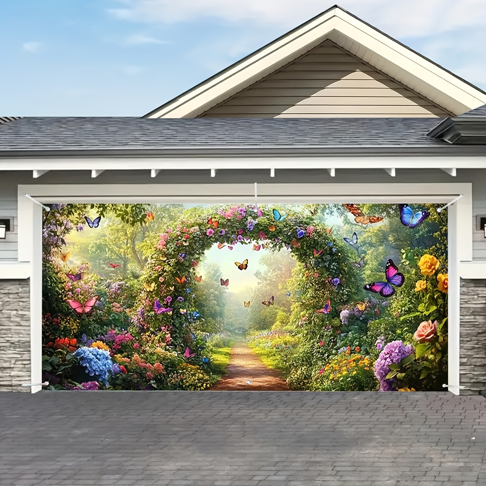 

1pc & Floral Arch Garage Door Cover With Butterflies – Polyester, No Power Needed, Ideal For Outdoor Parties And Holiday Gatherings