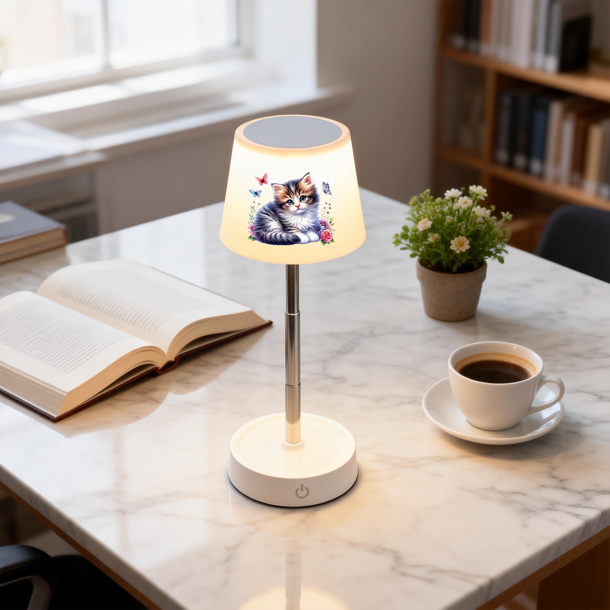 Cute Fluffy Kitten with Flowers & Butterflies Pattern Desk Lamp, Rechargeable LED