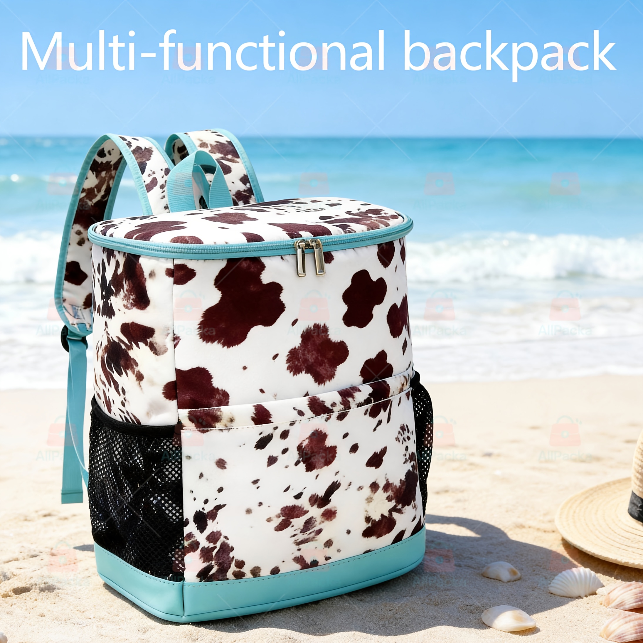 TEMU 30-can Leopard Print Portable Backpack - Durable Insulated Cooler With Mesh Pockets, Adjustable Straps For Beach, Camping, Picnics Outdoor And Daily Use.