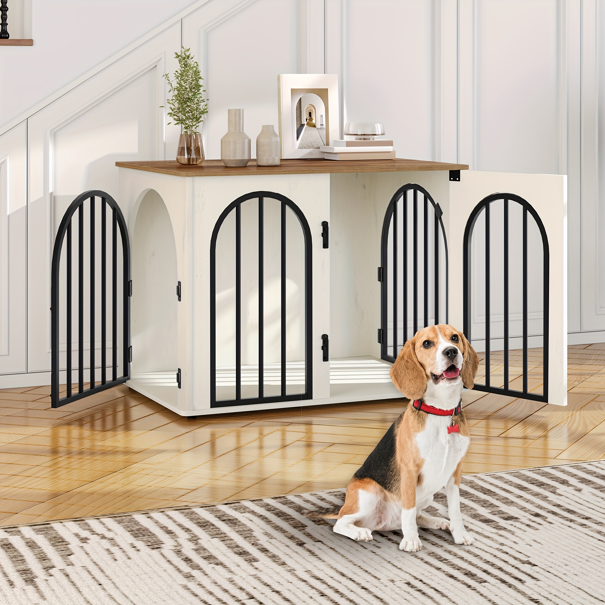 Dog Crate Furniture, 68cm Wooden Dog Crate, Indoor Kennel for Small Dogs, End Side Table Animal Crates, Anti-Chew, Anti-Escape, Arched Door Design, White Brown