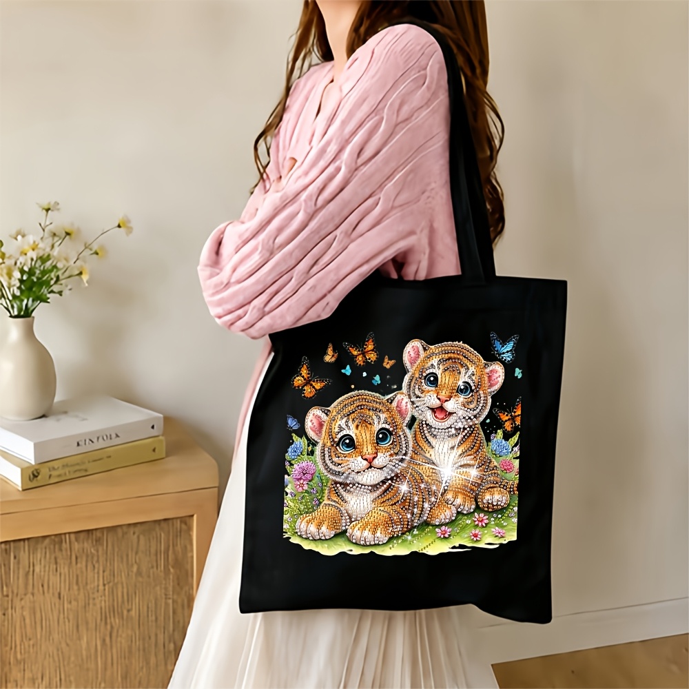 TEMU kit de pintura de diamantes 2026, bolsa de lona grande de 30 cm x 35 cm con estampado de cachorro de tigre de diamantes brillantes y adorables,