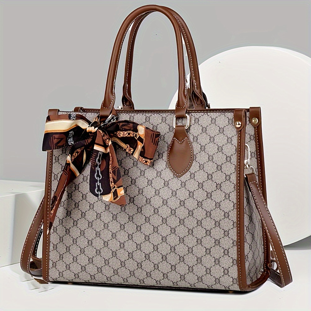 Image of Wo Large Capacity Geometric Print Handbag - Gray With Zipper Closure, Decorative Bow & Chain Strap, Lining For Work, Travel, Shopping, Work Handbag, Elegant Accessory, Goldtoned Edges