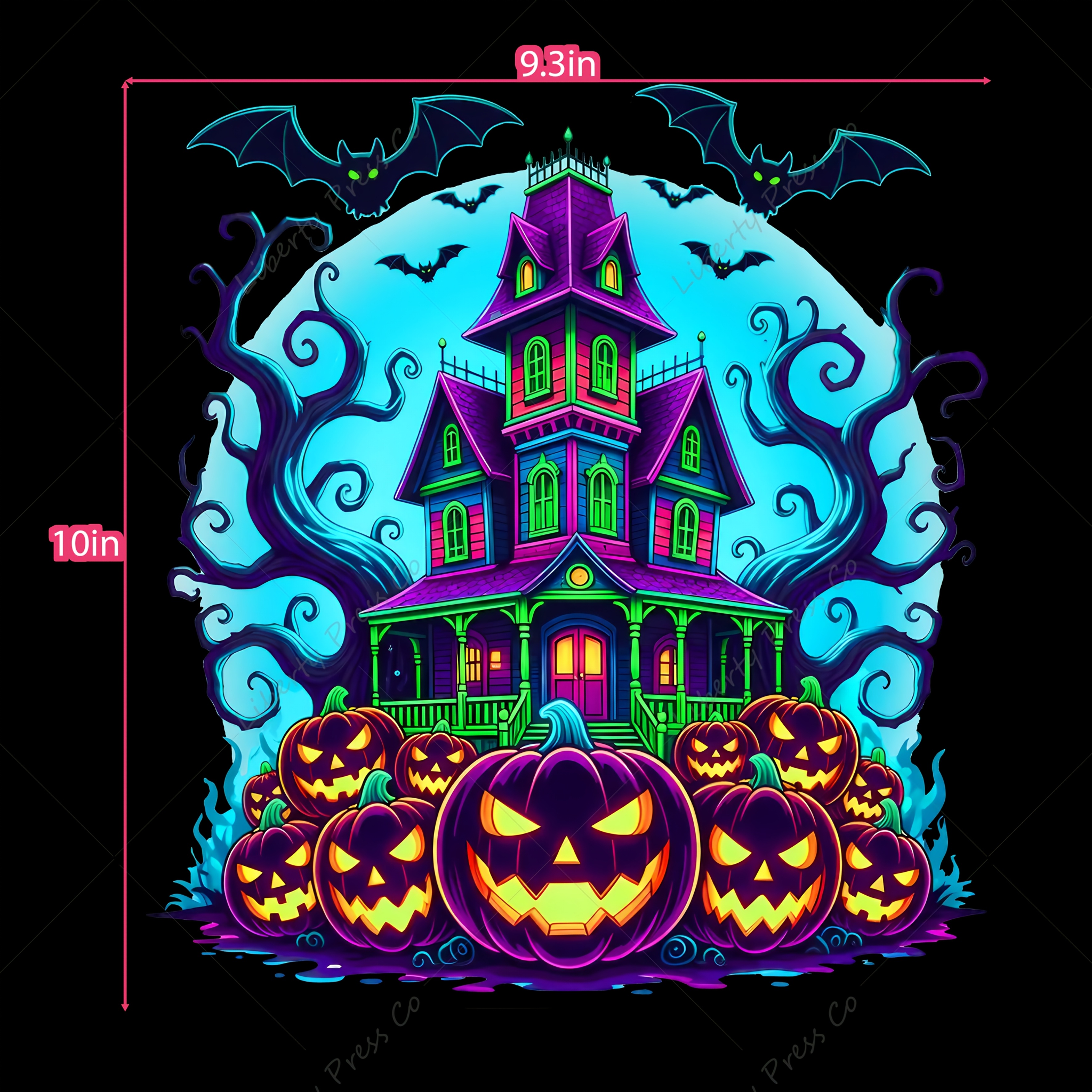 TEMU Halloween Haunted House With Pumpkins And Neon Bats Dtf Heat Transfer Sticker, 10in Washable Iron-on Vinyl Decal, Spooky -the-dark For T-shirts,