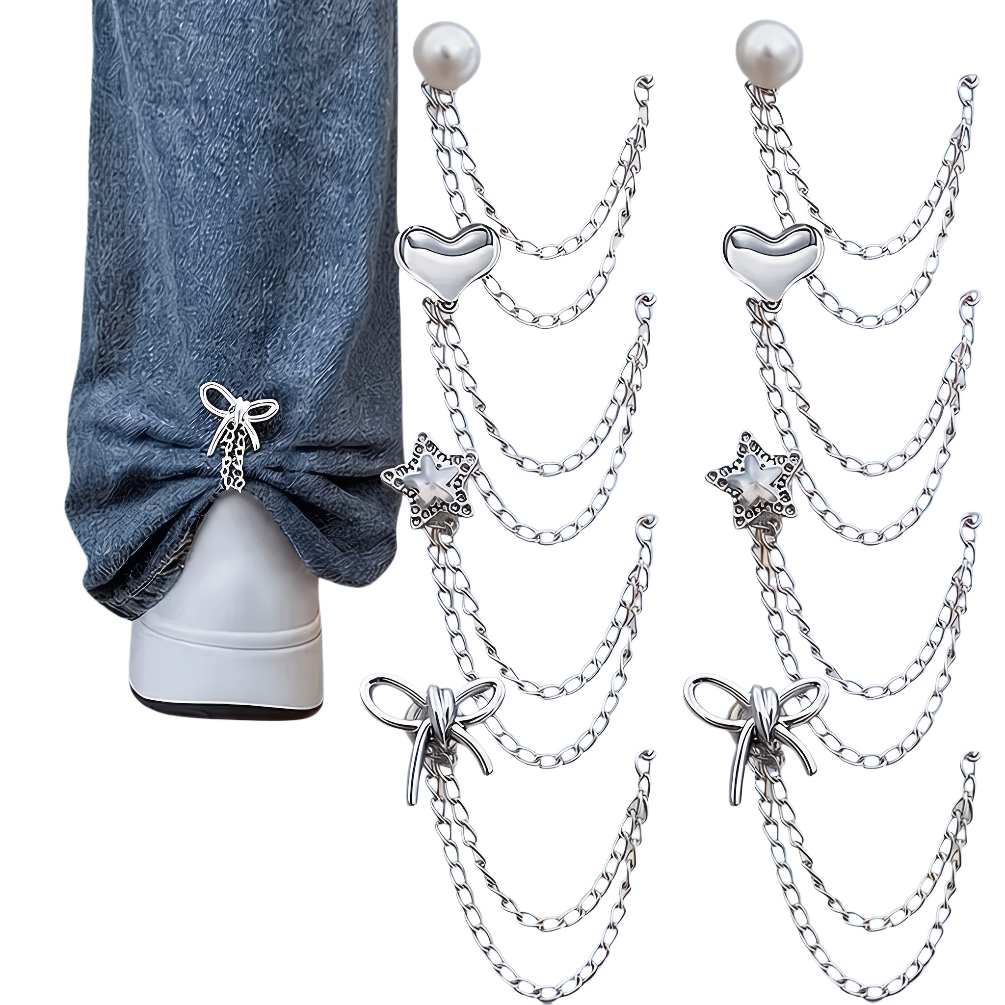 Image of 6pcs Multi-functional Clothes Clips For Hemming, Metal Star, Heart, And Bow Tie Shirt And Pants Hem Clips, Button Cute Decorative Long Jeans Leg And Sleeve Button Chain Clips, Clothing Accessories
