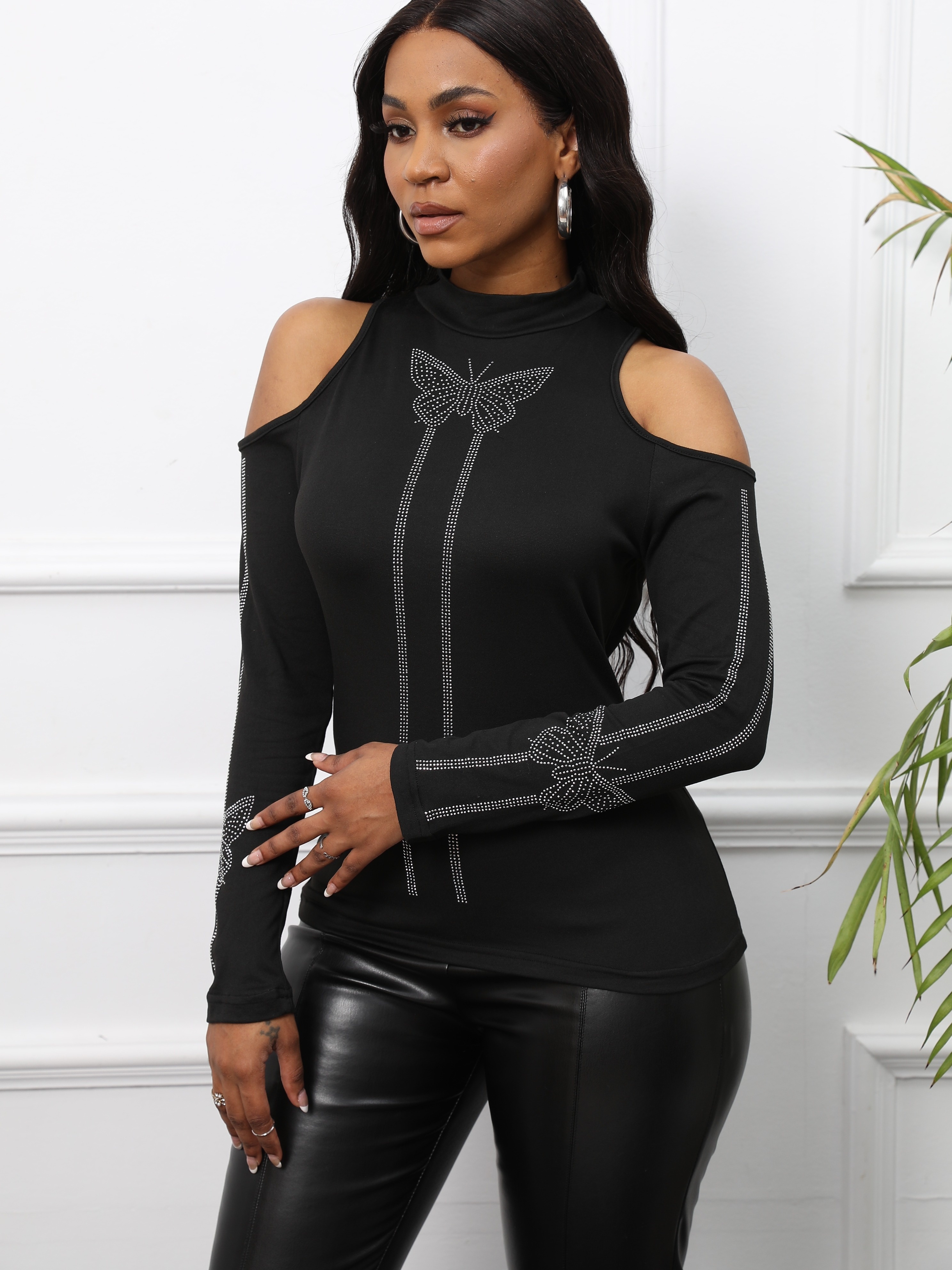 Rhinestone Butterfly Print Mock Neck T-Shirt, Casual Cold Shoulder Long Sleeve Top For Spring & Fall, Women's Clothing