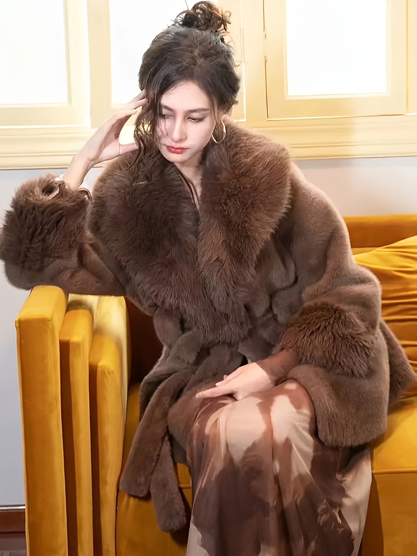 plus size plus size women's elegant winter coat v neck fur Temu