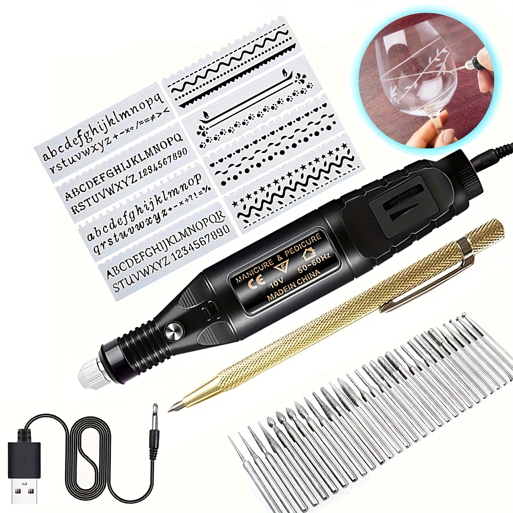 

Usb-powered Cordless Engraver Pen Kit - Mini Diy Carving Tool With 30 Bits & 8 Stencils For Metal And Plastic