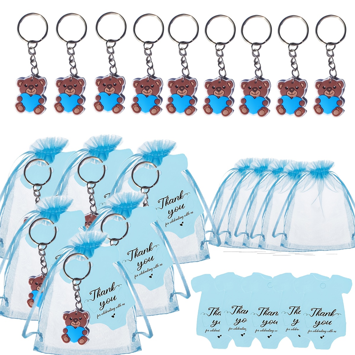 Geschenk für Sie/Ihn 36-teiliges Gastgeschenk-Set für Babypartys, Partygeschenke, inklusive 12 blaue Bären-Schlüsselanhänger, 12 Organzabeutel und 12 Dankesetiketten für Geburtstagsfeier, Babyparty