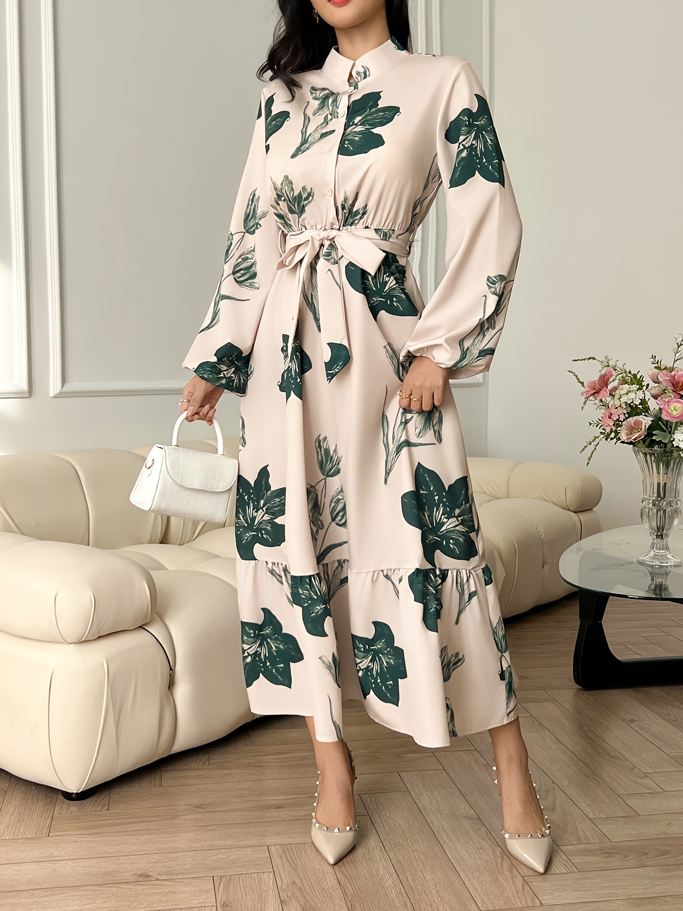 floral print mock neck a line dress elegant long sleeve - Temu Saudi Arabia