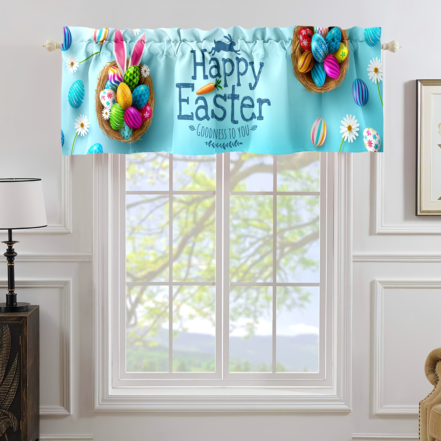 

Easter Celebration Blue Egg Valance - Washable Polyester, Rod For Kitchen & Living Room Decor, 52"w X 18"h