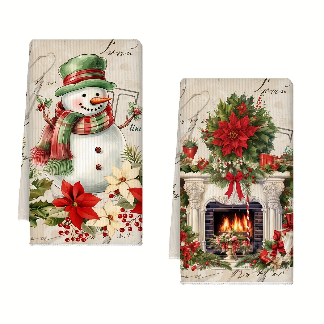 

2- Christmas Kitchen Towels Set, Snowman , Absorbency Cooking & Cloths, Washable, , Rectangular, Theme, Knit ( & Fleece ) , Christmas