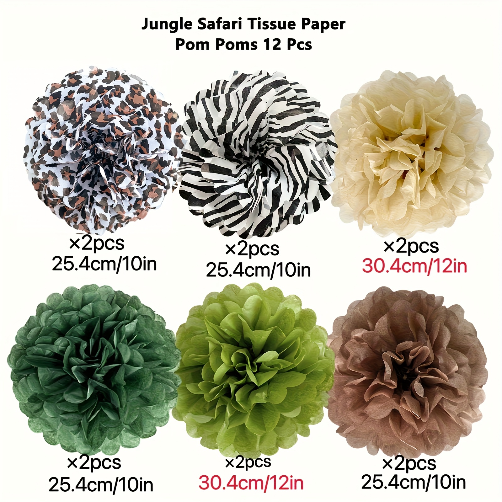 Image of 6pcs/ 12pcs Jungle Hunting Tissue Pom Poms, Wild Animal Leopard And Zebra Print Party Decorations, Sage Green