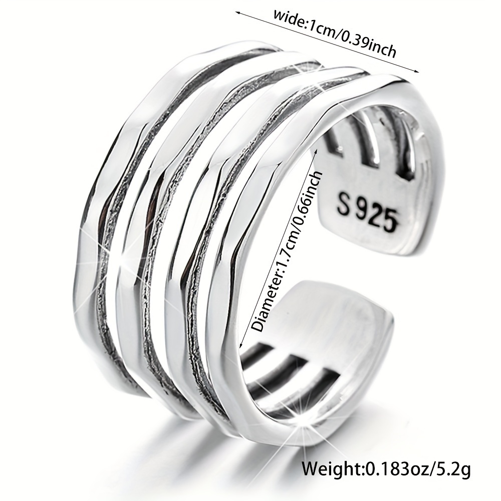 925 Pure Silvery Wide Face Ring for Women, Adjustable Retro Irregular Layer Ring