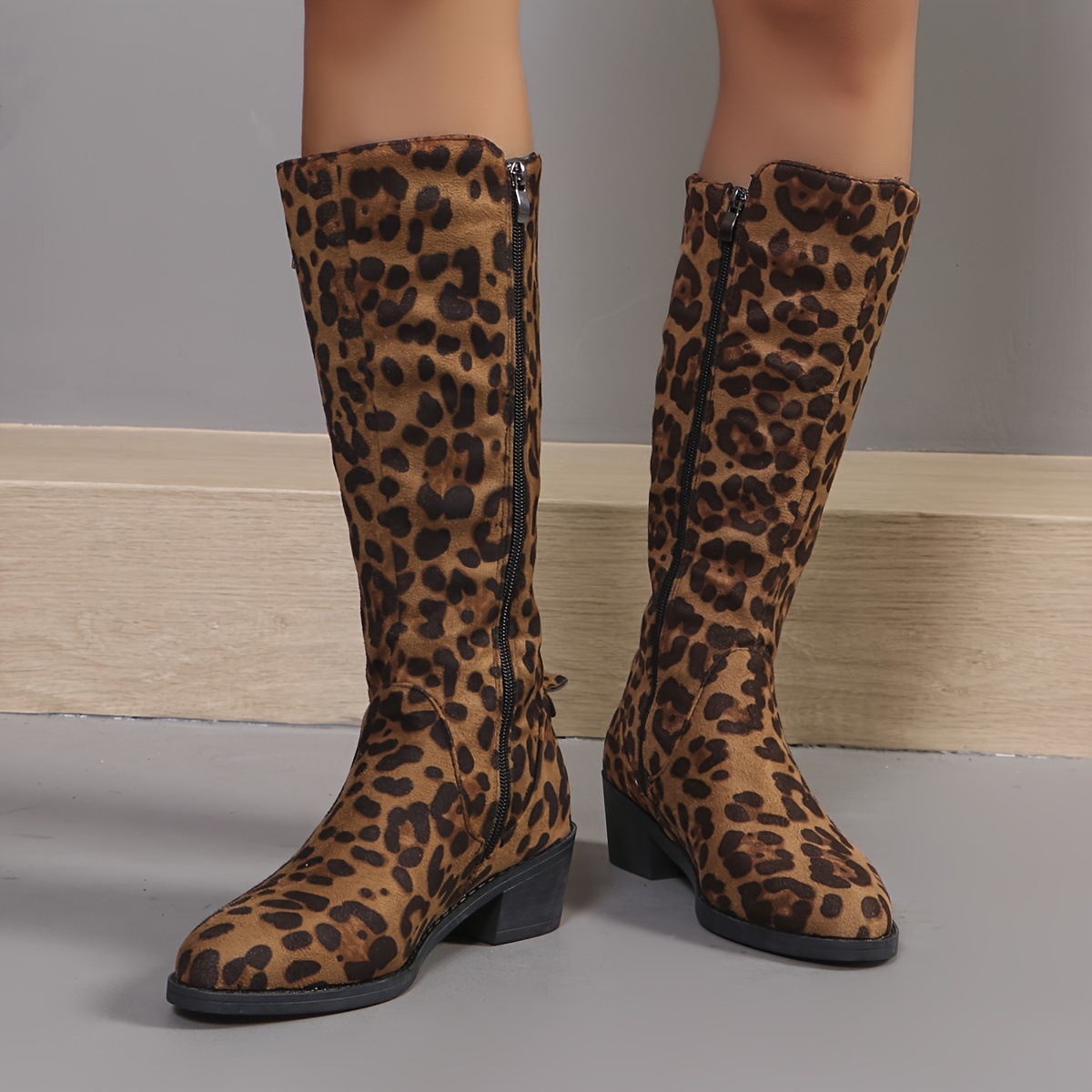 

Women's Leopard Print Chunky Heel Boots, Fashion Side Zipper Mid Calf Boots, Women's Comfortable Boots
