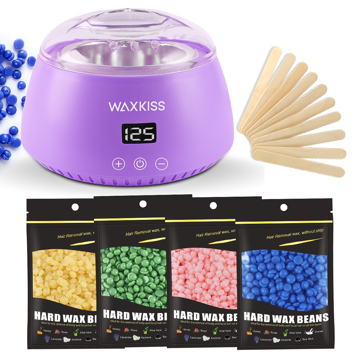 Waxkiss Waxing Kit With Digital Display Warmer - 4 Packs Hard Wax Beads For Hair Removal(honey, Aloe, Chamomile, Rose), Friendly For Face, Legs & Underarms, Ideal Gift For Women