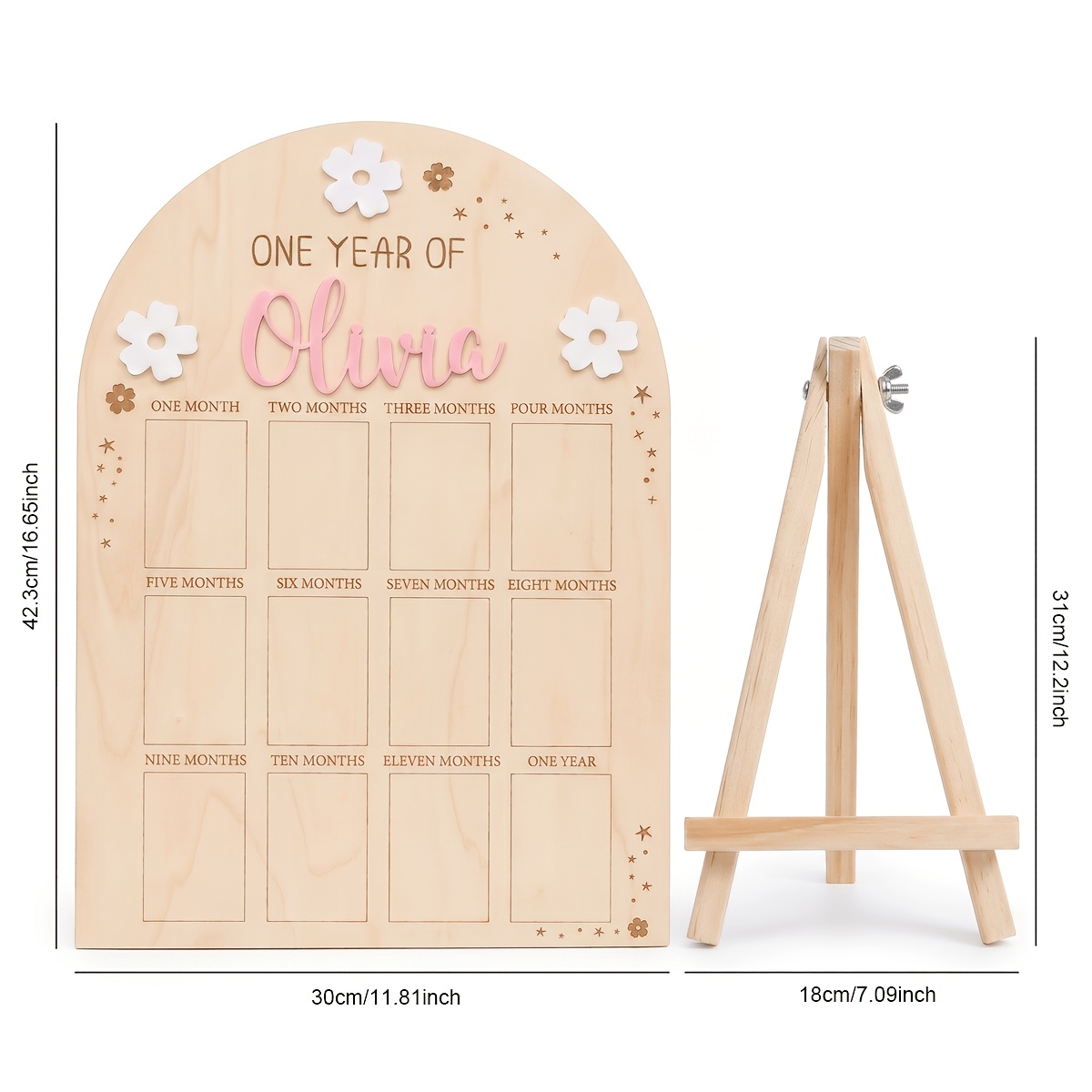 TEMU 2pcs/set Personalized 1 Year Of First Year Milestones Wooden Display Board With Wooden Stand Centerpieces, Custom Name With 12 Photo Slots Frame