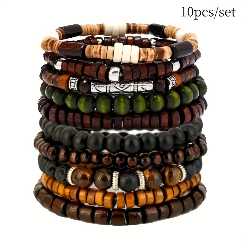 TEMU 10-piece Vintage Style Stretch Bracelet Set With Wooden Beads, Cord, Unisex Jewelry Collection - No Mosaic, No Pendant