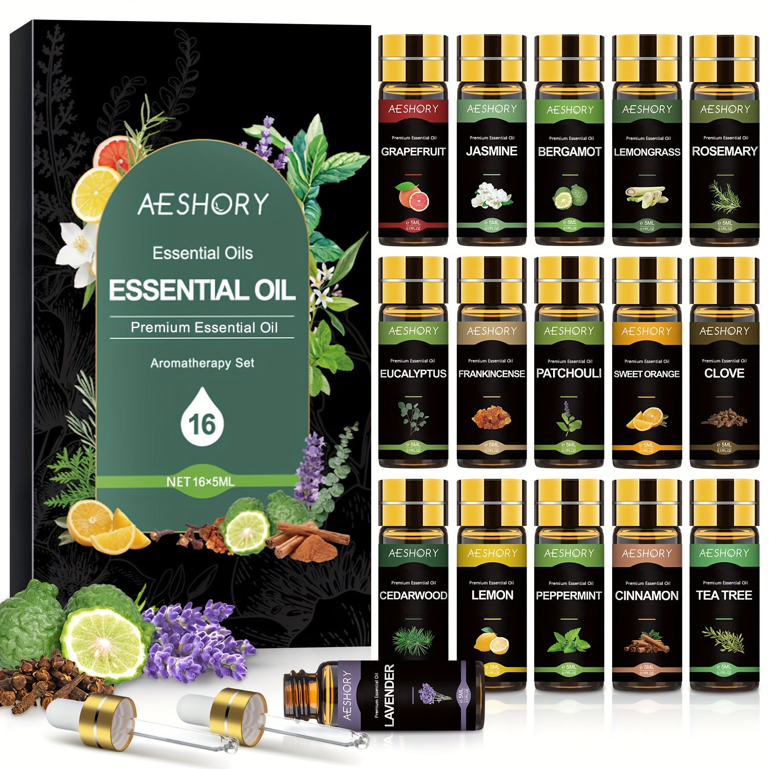 TEMU 16x5ml Essential Oils Set - Premium Oils With Dropper For Diffusers, Humidifiers, Relaxation, Air , Diy Perfumes, Essential Oils For Diffuser,