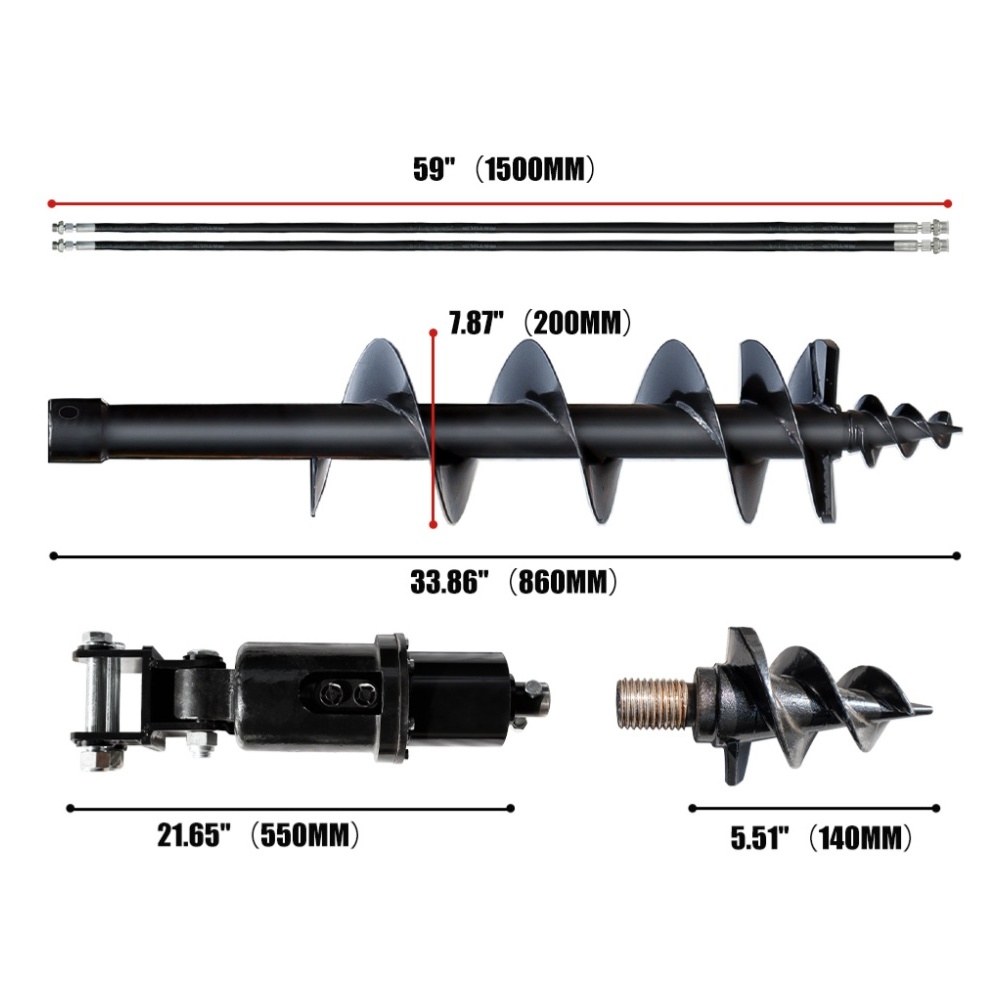 TEMU Auger hydraulique de 8 pouces (200 mm) pour mini-excavateurs | 2 tuyaux hydrauliques, tiges d'auger amovibles | Compatible avec les excavateurs
