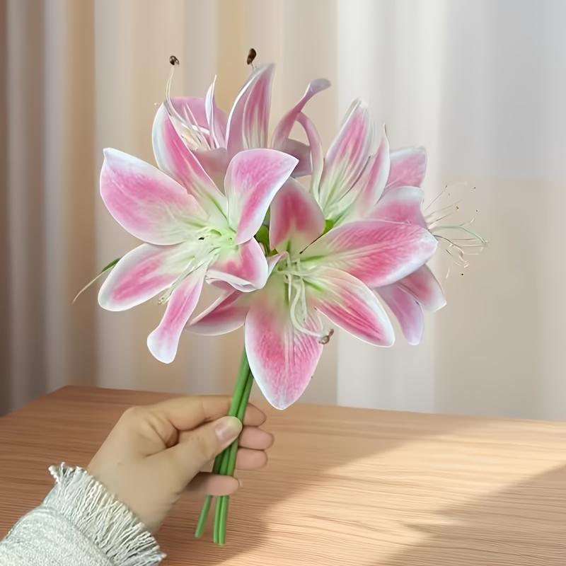 Image of 5pcs Artificial Lilies, Including Faux Lilies, Perfect For Home Decor, Table Arrangements, And Wedding Bouquets. Plastic Flowers Are An For Garden Decoration And Can Add A To Any Setting