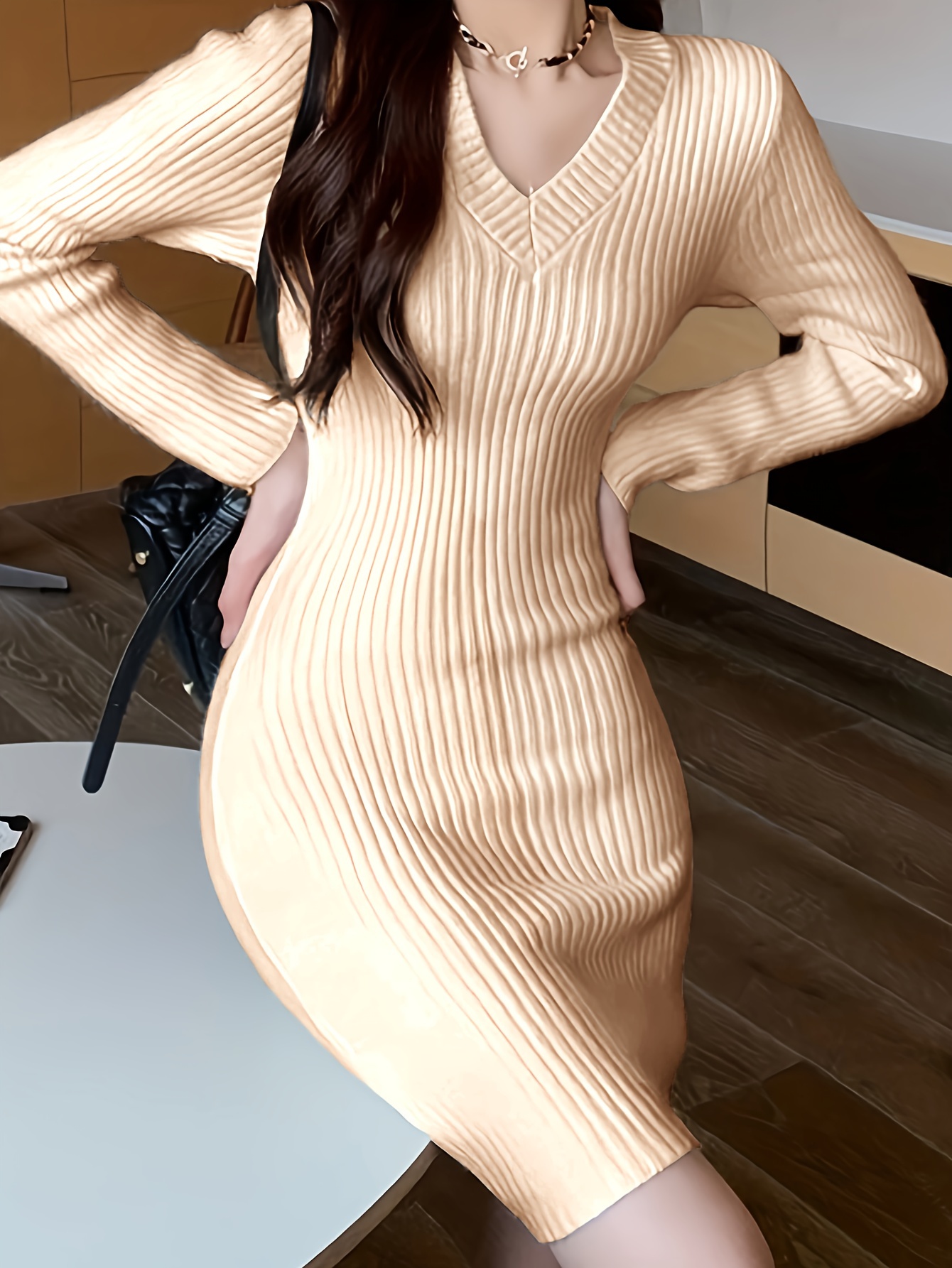 chinese dress ladies Subtle Ways Ribbed Knit Midi Sweater Dress, Mocha / L