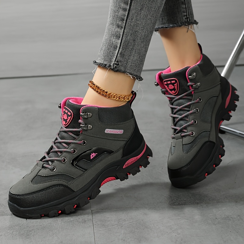 Women's Slip-Resistant Breathable Outdoor Hiking Boots with Thick Rubber  Sole, Black Pink Accents, Lace-Up Closure, Durable Synthetic Cover  Fabric