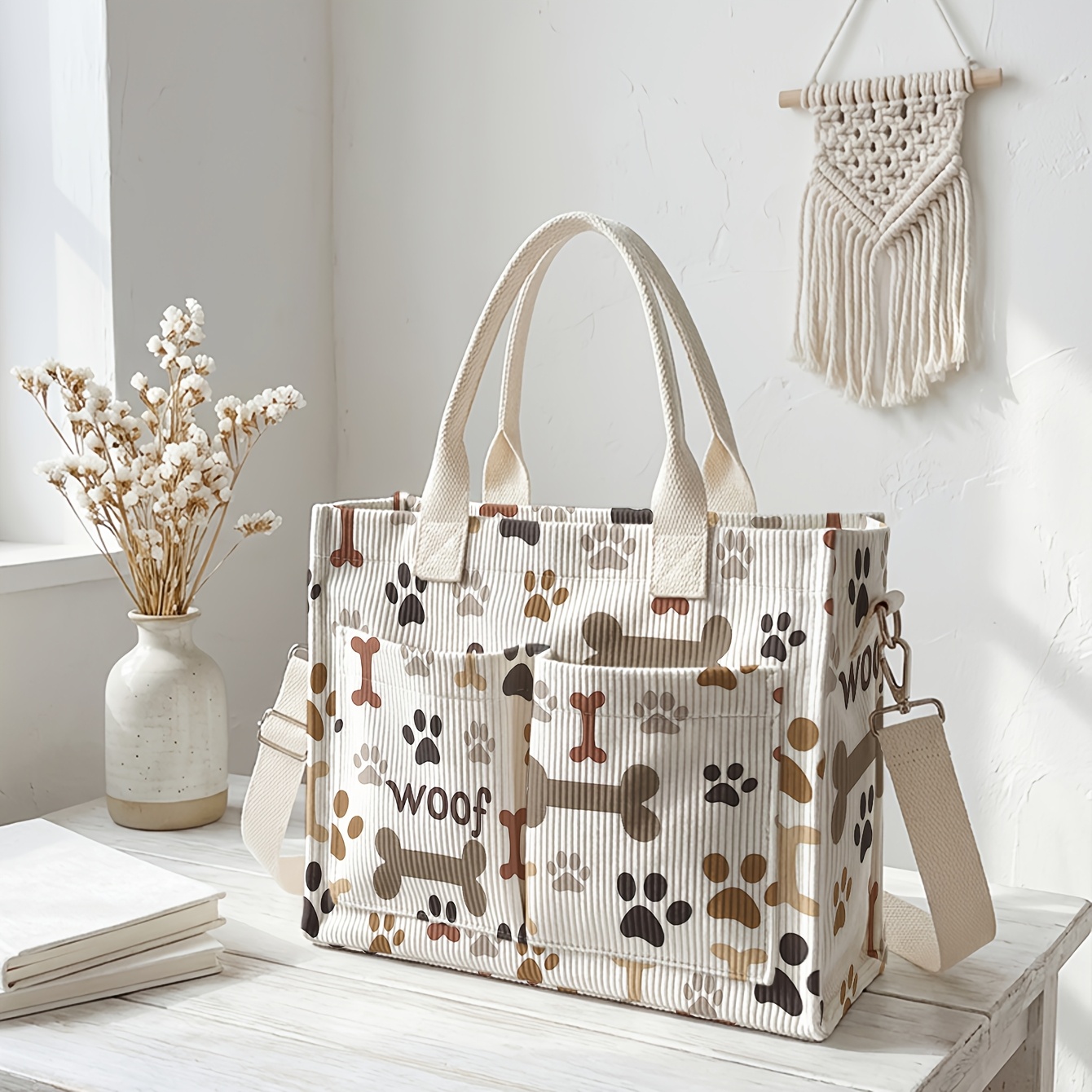 TEMU 1pc, 2d Printed Bone Claw Print Pattern Fashionable Tote Bag, Corduroy Material + Suitable For Carrying Or Crossbody. Convenient And Versatile