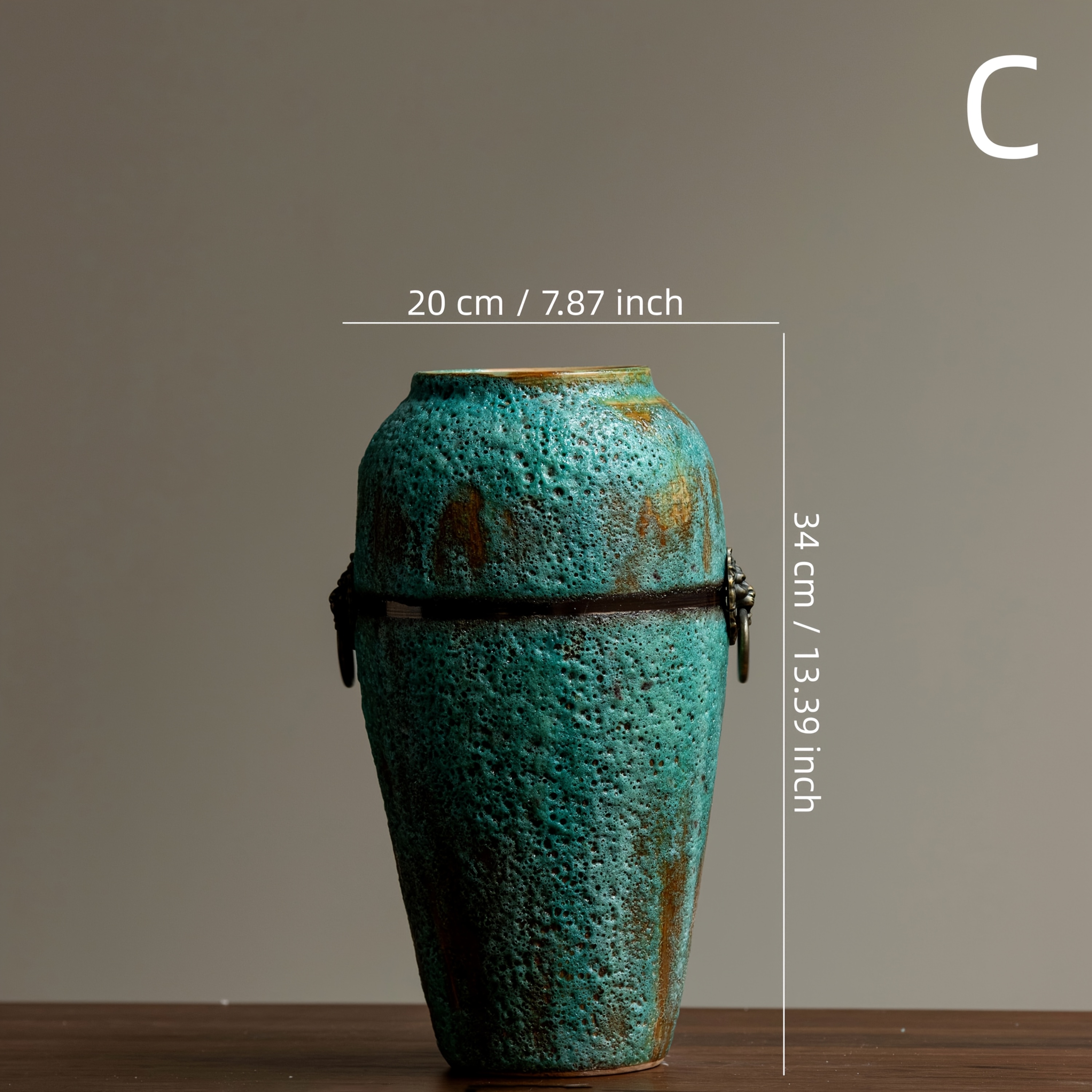 Wabi-Sabi Style Blue-Green Ceramic Vase, Natural Texture + Metal Decoration, Suitable for Living Room Landscaping, Art Studio Arrangement, The First Choice for Literary Shop Owners And Nostalgic Experts, Housewarming Gifts/Daily Display
