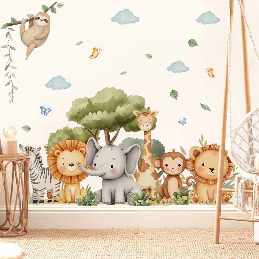 Image of 2 Sheets/set Cute Forest Animal Wall Stickers Bedroom Living Room Home Decoration Art Wall Decal Lion Elephant Zebra