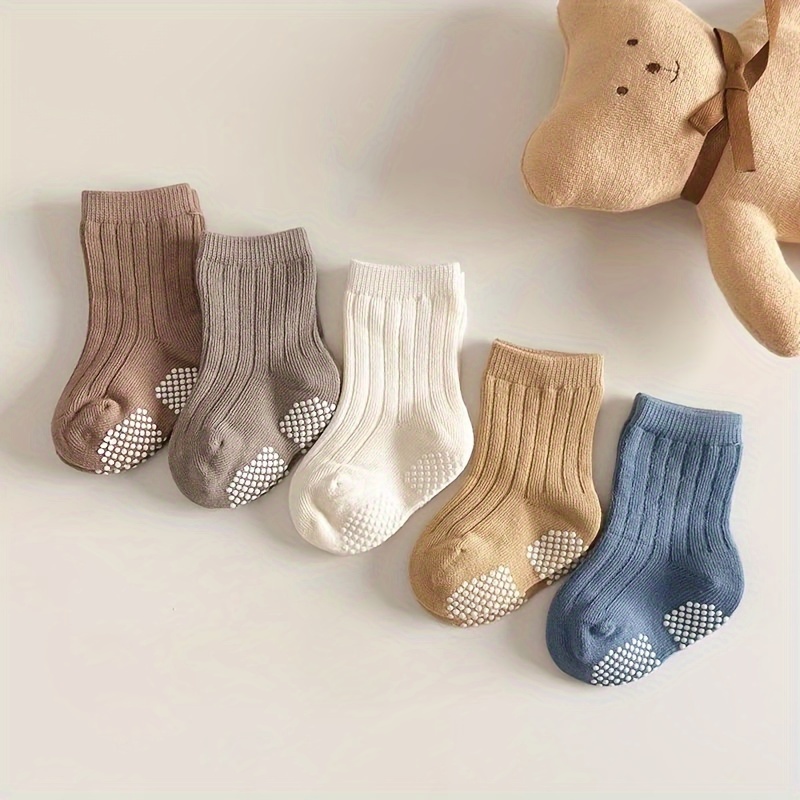 Image of 5/4 Pairs Floor Socks Soft Sole 1 Year Old Baby Solid Easy Walking Socks Infant Indoor Anti-slip Cold-proof Floor Socks 0- Baby Mid-calf Socks Dot Glue Socks