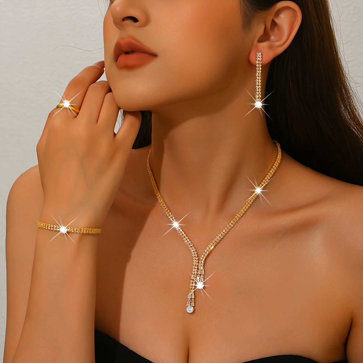 1 Conjunto de Joias de Noiva, Colar de Strass, Brincos, Anel, Pulseira
