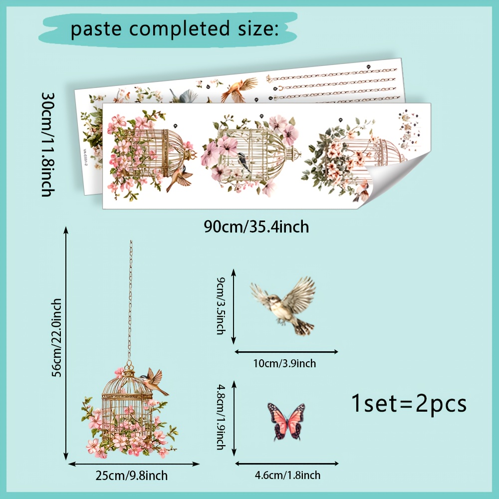 Image of 1 Set (2pcs), Wall Stickers, Birdcage, Removable Waterproof Pvc Decals, Suitable For Wall, Door, Cabinet, Window Decoration Stickers, 11.8in*35.4in*2pcs