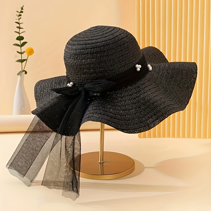 E-shop Sehr einfacher, eleganter Strohhut mit Perlen-Mesh-Dekoration, geeignet für Frühling, Sommer, Outdoor-Ausflüge, Strandurlaub, Sonnenhut