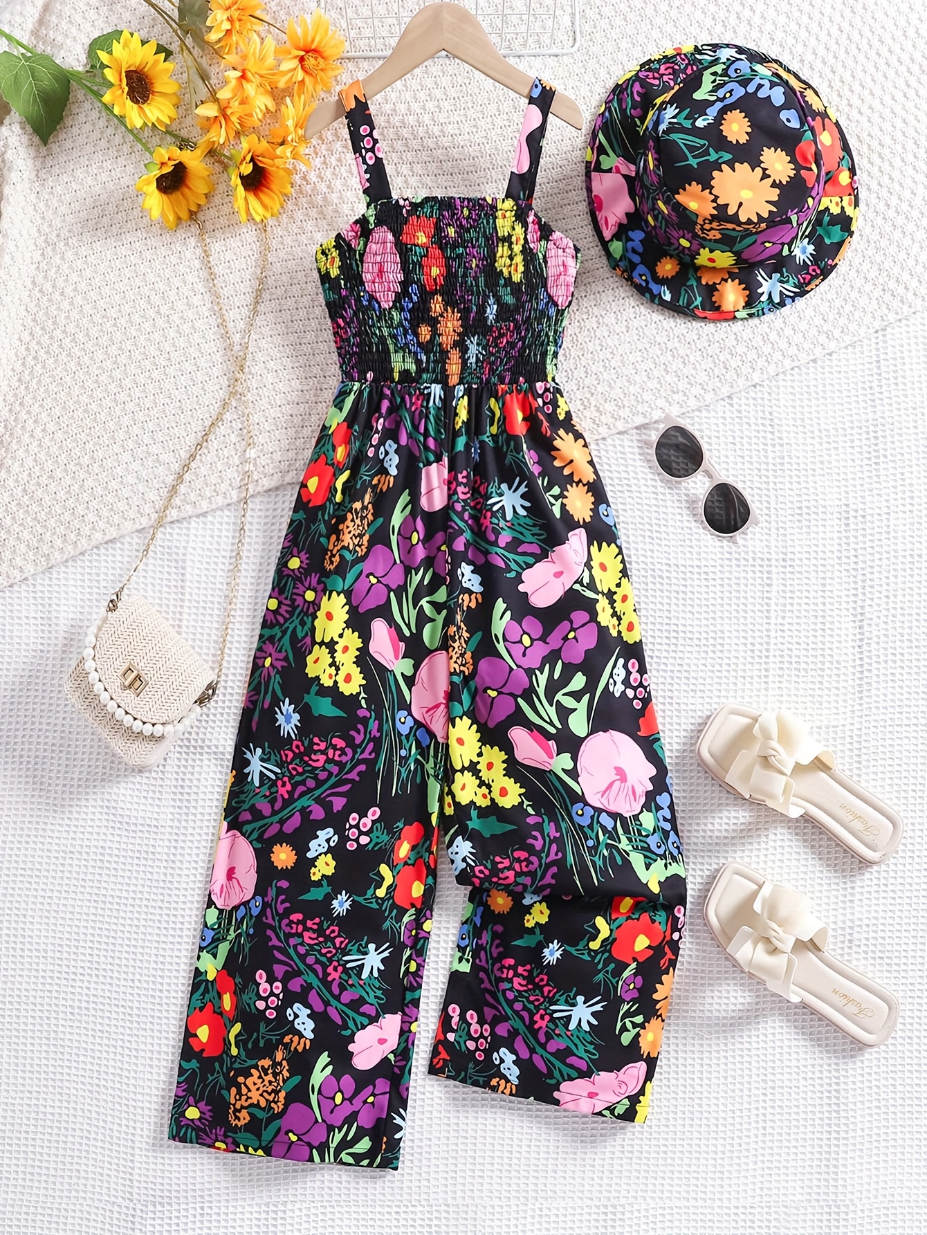 womens fashionable loose fit floral print jumpsuit with ruched detail   spring summer versatile casual attire loose fit jumpsuit vibrant print jumpsuit ruched detail jumpsuit for outdoor 1