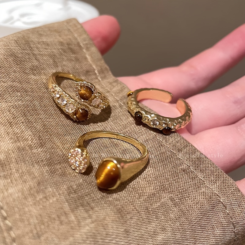 TEMU 3pcs/set Retro Coquette Inlaid Tiger Eye Synthetic Synthetic Synthetic Zircon Ring Three-piece Set Light Luxury Niche Temperament High-end