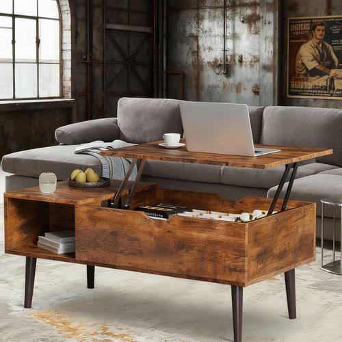 multifunctional lift top coffee table with storage compartment and 2 cubbies sturdy raising mechanism easy to assemble brown wood table adjustable height contemporary frame brand