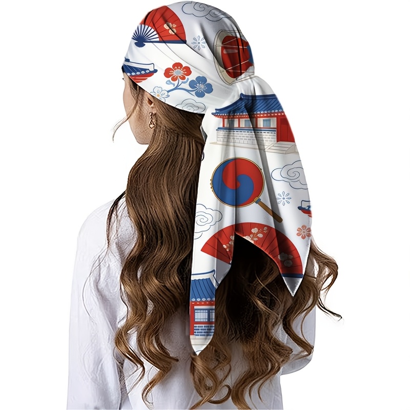 Image of 1pc Korean-style Pattern Shawl | 35.43x35.43 Inches Single-sided Fiber, Fashionable Headscarf/hair Scarf With Elements, Vintage Style, Machine Washable
