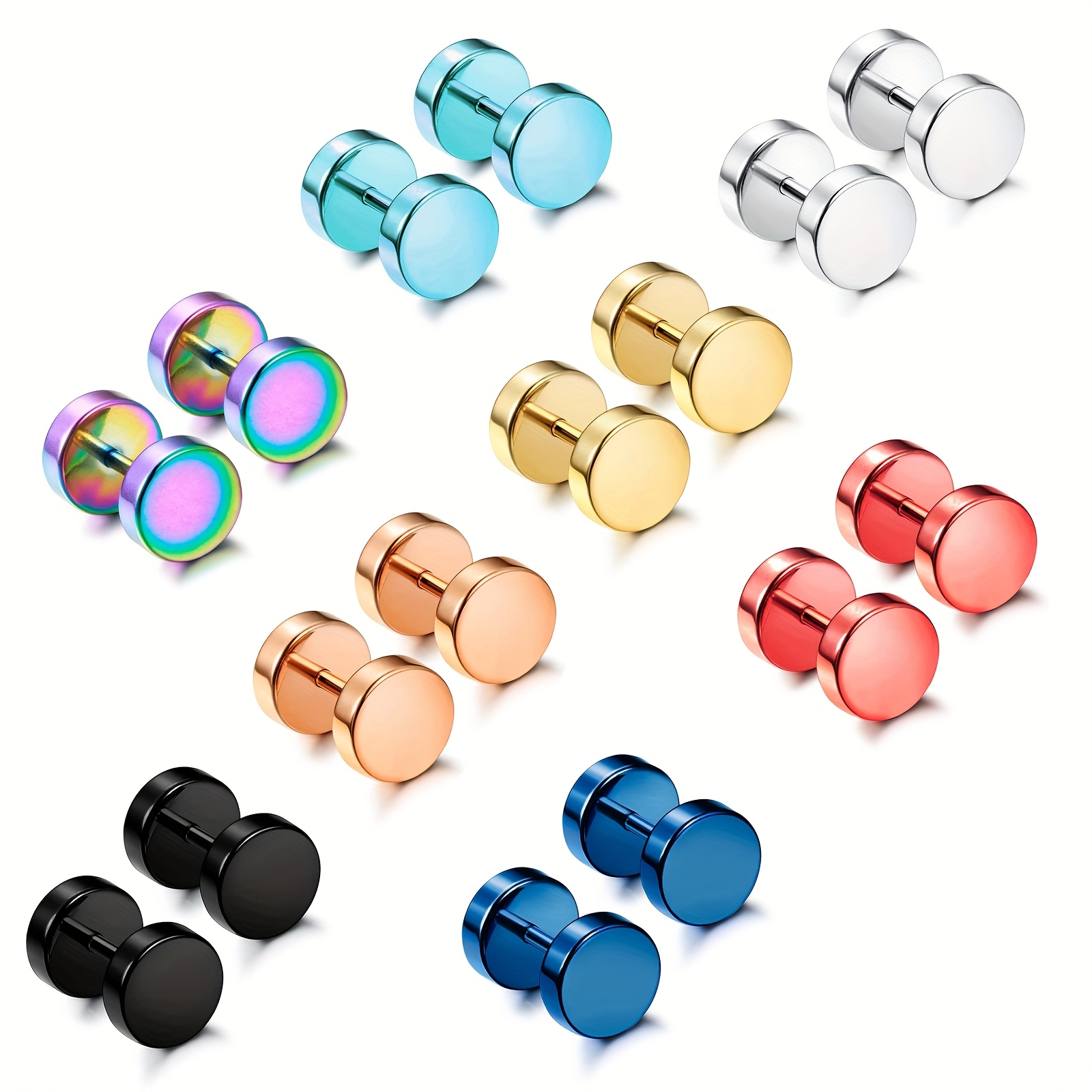 Image of 16pcs Minimalist 304 304 304 304 304 Stainless Steel Barbell Earring Set, Colorful Punk Earring Set, Suitable For Men And Women, Suitable For Daily Or Party Wear, As Gifts , Without Battery