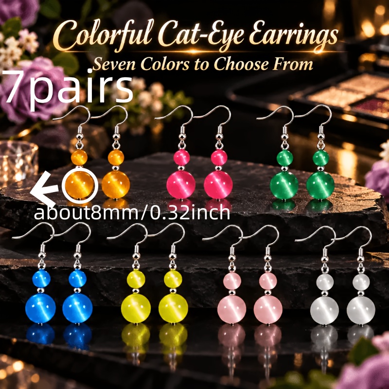 TEMU Ensemble de 7 paires de boucles d'oreilles pendantes œil de chat pour femmes, boucles d'oreilles à crochet avec perles rondes , perles œil de