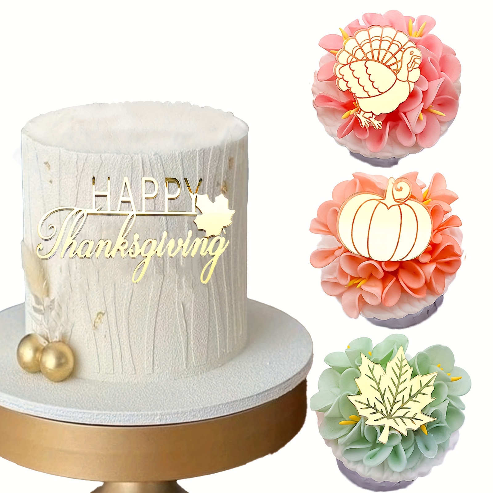 

4pcs Acrylic Cake Toppers For Thanksgiving - Pumpkin, Turkey, Maple Leaf Designs - No Electricity Required, Featherless Cake Decorations For General Holiday Celebrations