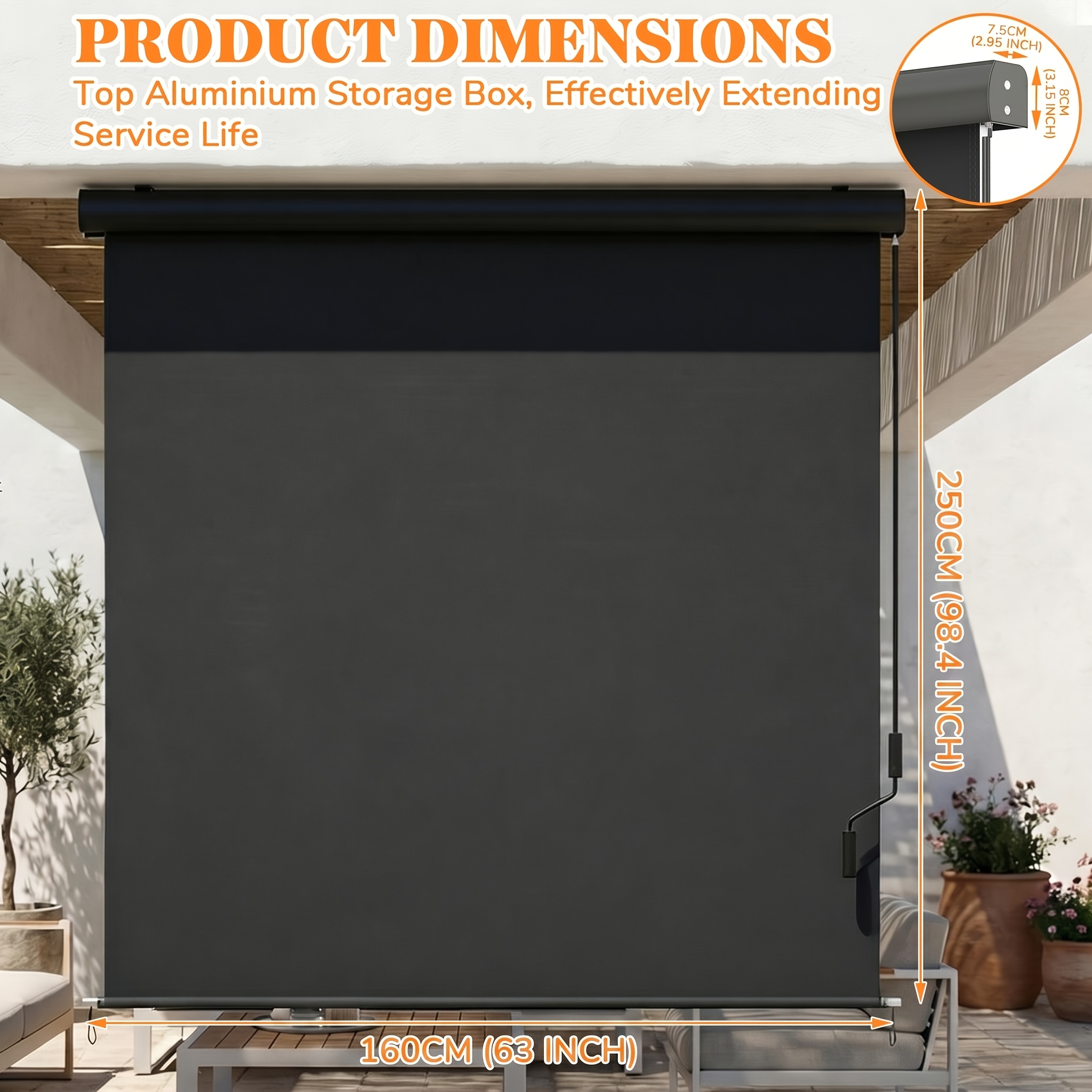 Manual Crank Vertical Awning/ Outdoor Roller Blind, Balcony Roller Blind Sunshade Privacy Curtain, With Aluminum Box Awning, Suitable For , , Gardens, Including Installation Additions And Dust Cover