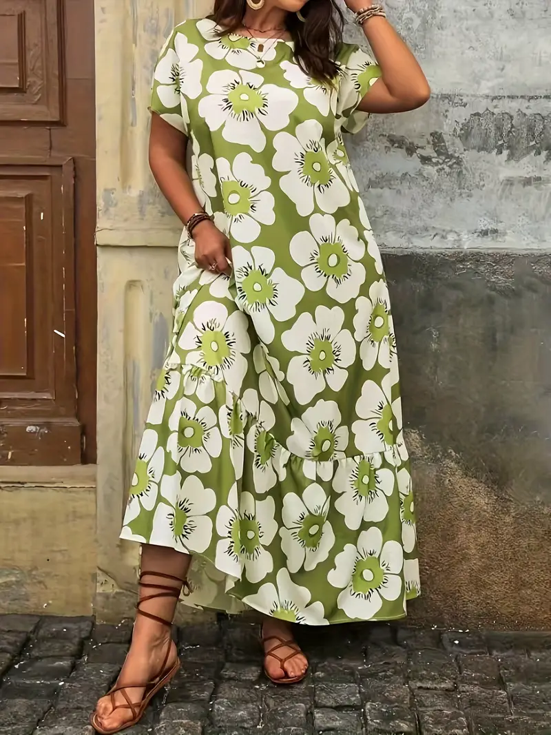 casual plus size floral maxi dress SHOWMALL Women's Plus Size Boho Floral Maxi Dress with Pockets, Cocoa Mini Floral 2X Short Sleeve Flowy Casual Spring Dress
