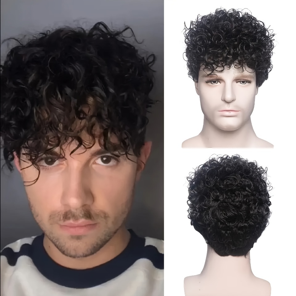Image of Men's Fashion Black Short Curly Wig, 10-inch Synthetic Fiber High-temperature Resistant Material, Suitable For Daily Wear, Festive Nights, Parties, Halloween Costumes