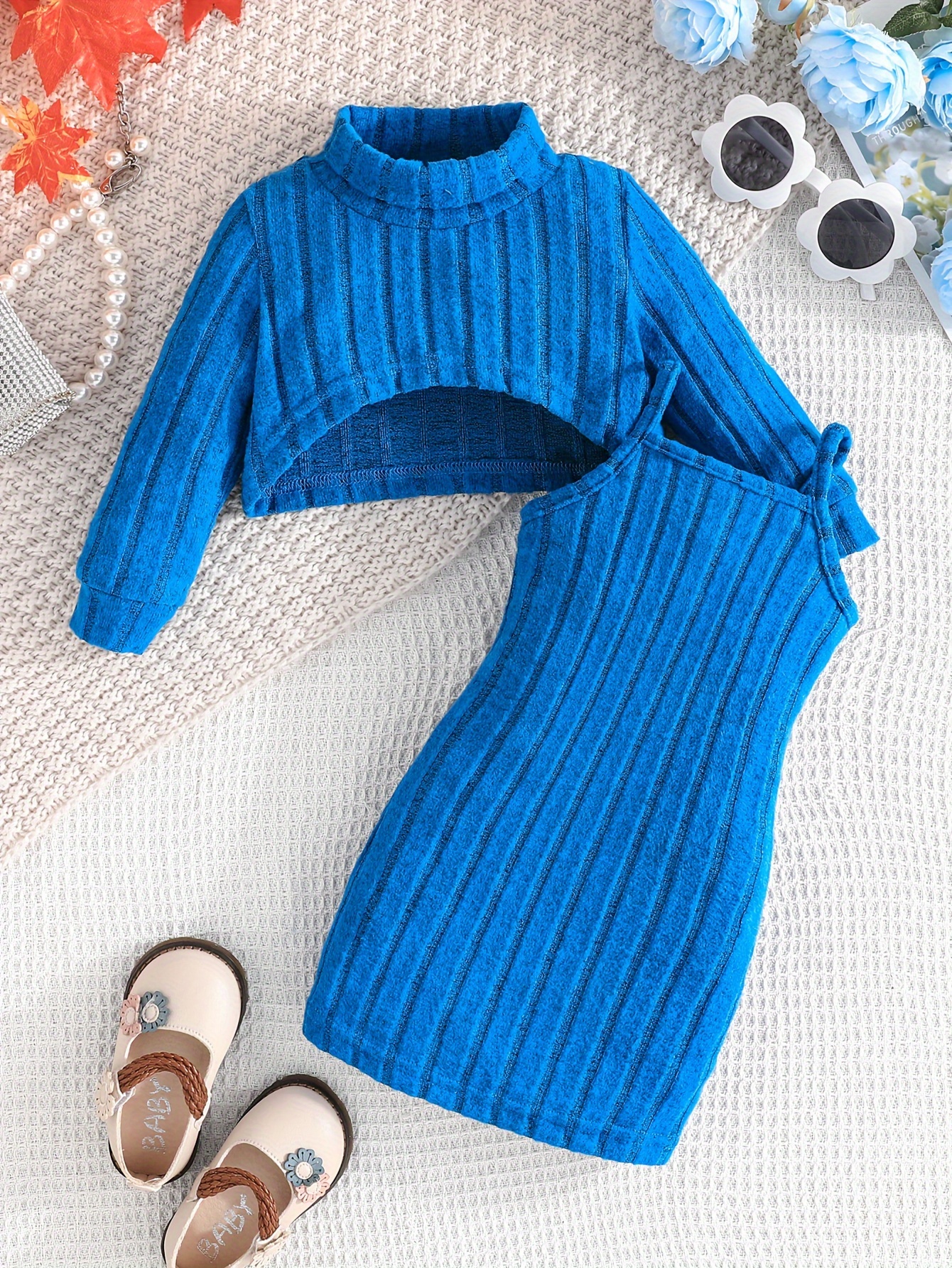 Two-piece Set Infant Baby Girl Casual Fashion Cute Lady New Fashion Thin Solid Color Mid-neck Long-sleeved Short Top Suspender S